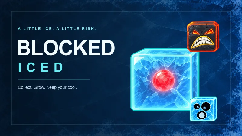 Blocked Iced promotional illustration with glowing ice cubes and ember enemies