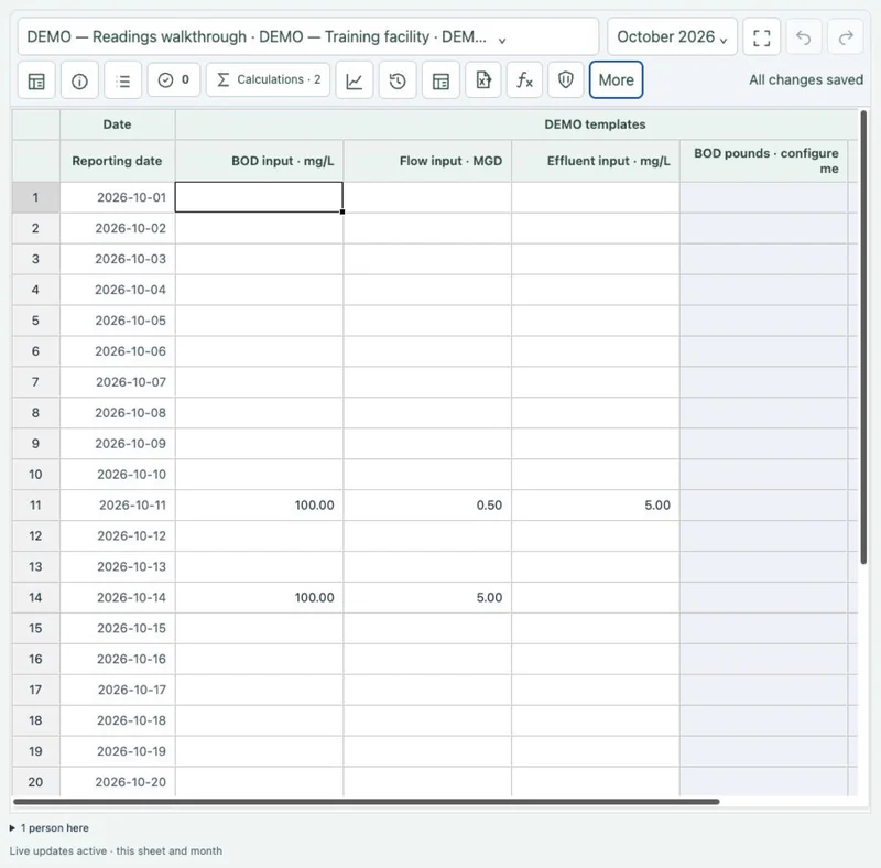 A synthetic training worksheet combines reading entry with save status and review tools.