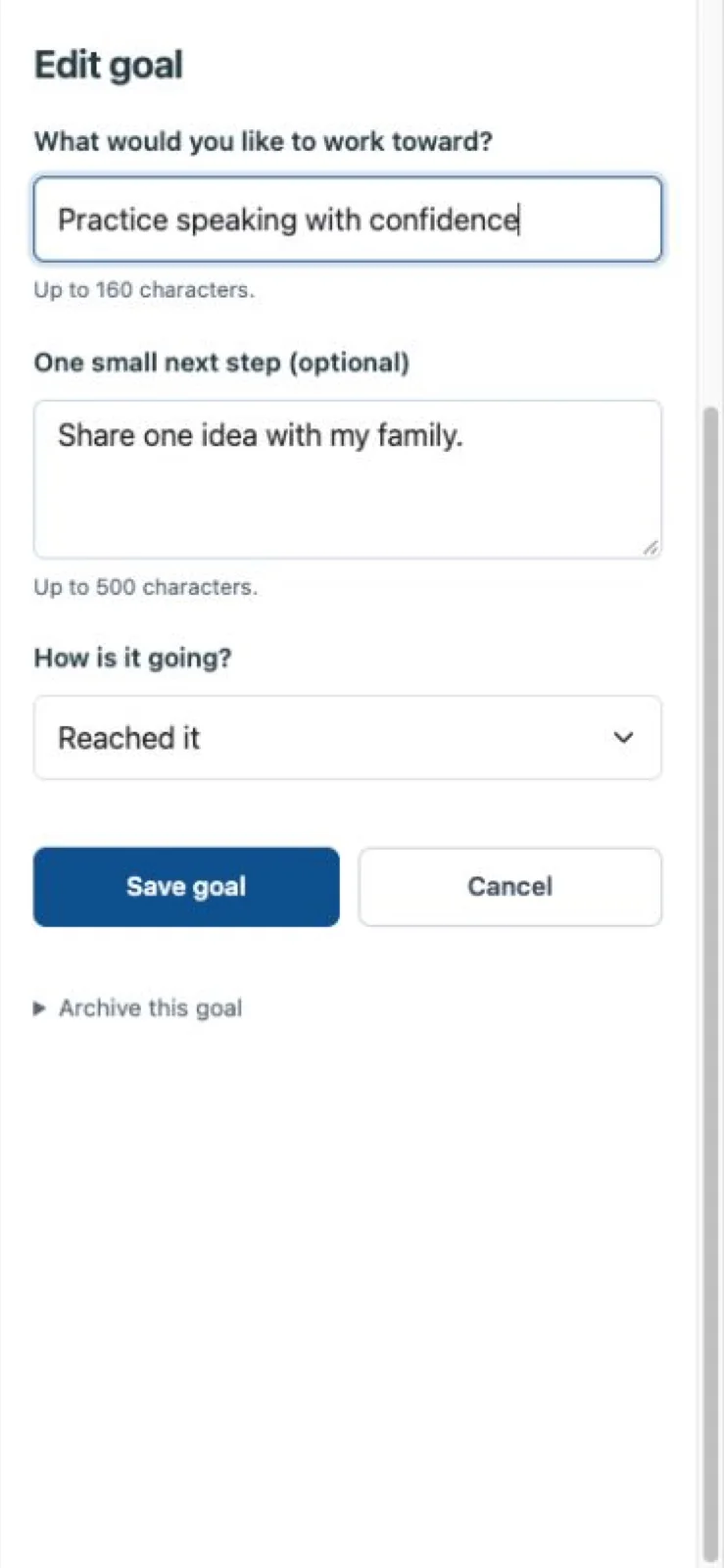 A compact goal editor pairs a personal aim with a small next step. Browser phone viewport, not a native mobile app.