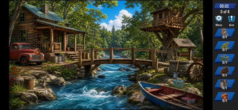 Actual hidden-object gameplay in a riverside location. Unity landscape Game-view capture.