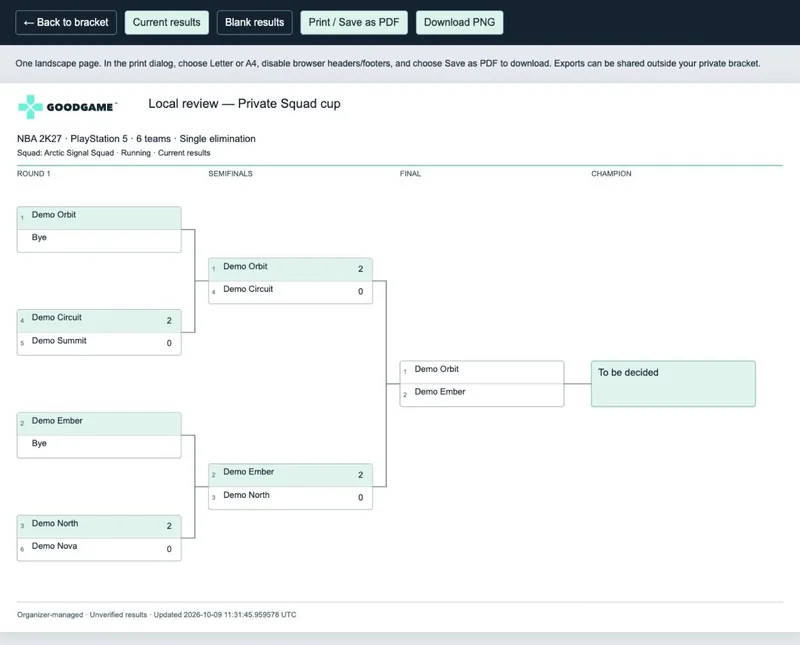 An organizer-managed demonstration bracket prepared for printing or sharing.
