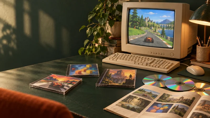 Illustration of a classic desktop PC, game discs and a printed catalog